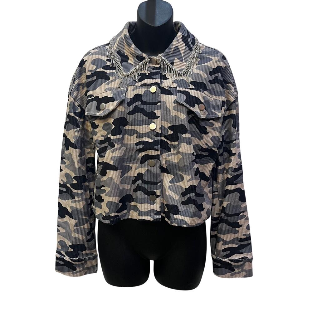 Camo Corduroy Shacket Jeweled Collar L NWT